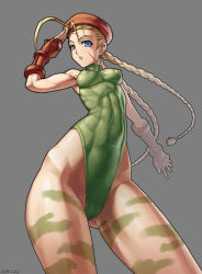 Rule 34 | 1990s (style), 1girl, abs, antenna hair, armpits, beret, blonde hair, blue eyes, bodypaint, braid, breasts, breasts apart, cameltoe, cammy white, camouflage, capcom, covered erect nipples, cowboy shot, fingerless gloves, foreshortening, from below, gloves, grey background, halterneck, hat, highleg, highleg leotard, leotard, long hair, medium breasts, muscular, nipples, perspective, red hat, retro artstyle, salute, scar, simple background, skin tight, solo, speh, standing, street fighter, street fighter ii (series), thighs, twin braids, very long hair, watermark, web address