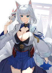 Rule 34 | 1girl, animal ears, azur lane, blue eyes, blue skirt, blunt bangs, breasts, cleavage, collarbone, commentary, cowboy shot, eyeliner, fox ears, fox girl, fox mask, fox tail, hand up, highres, holding, holding mask, holding paper, japanese clothes, kaga (azur lane), kimono, large breasts, long sleeves, looking at viewer, makeup, mask, multiple tails, paper, parted lips, pleated skirt, raitho, sakuramon, short hair, sidelocks, skirt, smile, solo, standing, tail, torii, white background, white hair, white kimono, white tail, wide sleeves