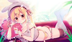 Rule 34 | 1girl, animal hat, ass, bare arms, bare shoulders, blonde hair, brown eyes, candy, cup, feet, food, hair ornament, hairclip, hat, heart, heart-shaped pillow, highres, holding, holding cup, indoors, izumiyuhina, long hair, looking at viewer, lying, on stomach, original, panties, pillow, rabbit hat, solo, strap slip, striped clothes, striped panties, the pose, thighhighs, two side up, underwear, white hat, white thighhighs, wrist cuffs