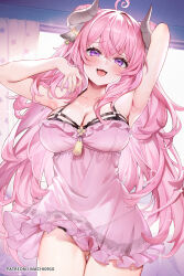 Rule 34 | 1girl, :d, ahoge, arm up, armpits, bare arms, bare shoulders, blush, breasts, cleavage, collarbone, highres, horns, indie virtual youtuber, large breasts, long hair, looking at viewer, machi (7769), nail polish, open mouth, panties, patreon username, pink hair, pink panties, purple eyes, purple nails, see-through, smile, solo, thighs, underwear, virtual youtuber, yan hua (vtuber)
