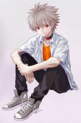 Rule 34 | 1boy, absurdres, choker, grey hair, highres, looking at viewer, male focus, nagisa kaworu, neon genesis evangelion, open clothes, open shirt, pants, red eyes, school uniform, shiren (ourboy83), shirt, shoes, short hair, simple background, sitting, smile, sneakers, solo, white hair
