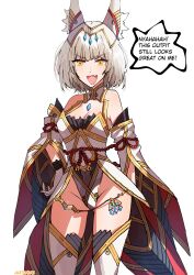 Rule 34 | 1girl, :d, absurdres, animal ear fluff, animal ears, bare shoulders, bell, breasts, cleavage, commentary, detached sleeves, english commentary, english text, fang, gloves, grey hair, highres, jingle bell, leotard, long sleeves, marthabucks, medium breasts, nia (blade) (xenoblade), nia (xenoblade), open mouth, orange eyes, short hair, signature, smile, solo, standing, thighhighs, v-shaped eyebrows, white gloves, white leotard, white sleeves, white thighhighs, wide sleeves, xenoblade chronicles (series), xenoblade chronicles 2, xenoblade chronicles 3