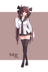 Rule 34 | 1girl, bad id, bad pixiv id, black thighhighs, bow, brown hair, character name, chieka, crossed legs, full body, hair bow, highres, hsuliherng, loafers, long hair, looking at viewer, original, red eyes, school uniform, shoes, simple background, skirt, smile, solo, standing, thighhighs, twintails, watson cross, zettai ryouiki