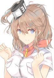 Rule 34 | 10s, 1girl, breast pocket, breast press, breasts, brown hair, dress, hair between eyes, highres, kantai collection, large breasts, light smile, long hair, looking at viewer, moonlaw, neckerchief, pocket, ponytail, portrait, red neckerchief, saratoga (kancolle), short sleeves, side ponytail, simple background, smile, solo, white dress