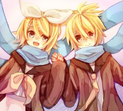 Rule 34 | 1boy, 1girl, :d, bad id, bad pixiv id, blue eyes, blue scarf, blush, bow, brother and sister, gradient background, hair bow, hair ornament, hairclip, hetero, holding hands, jacket, kagamine len, kagamine rin, looking at another, namihaya, necktie, open mouth, scarf, school uniform, serafuku, short hair, siblings, smile, twins, vocaloid