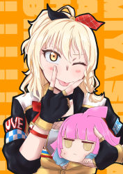 Rule 34 | 1girl, 2girls, ;), ;p, absurdres, alternate hairstyle, artist name, artist request, black choker, black gloves, blonde hair, blush, bow, bracelet, braid, breasts, brown eyes, chain, chain necklace, checkered bow, checkered clothes, choker, clothes writing, collarbone, collared jacket, female focus, fingerless gloves, gloves, gold chain, hair between eyes, hair bow, hair ornament, heart, heart necklace, high ponytail, highres, holding, jacket, jewelry, long hair, looking at viewer, love live!, love live! nijigasaki high school idol club, love live! school idol festival, love live! school idol festival all stars, miyashita ai, multiple girls, necklace, one eye closed, orange background, orange eyes, parted lips, pink hair, ponytail, red bow, short ponytail, short sleeves, side ponytail, single braid, smile, tennoji rina, text focus, tongue, tongue out, v, x hair ornament, yellow eyes
