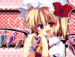 Rule 34 | 1girl, ascot, bad hands, bad id, bad pixiv id, blonde hair, blush, bow, dress, fang, female focus, flandre scarlet, hair bow, hat, heart, heart hands, looking at viewer, matatabi maru, open mouth, polka dot, red eyes, short hair, side ponytail, smile, solo, embodiment of scarlet devil, touhou, wings