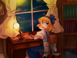 Rule 34 | 1girl, alice margatroid, alice margatroid (pc-98), blonde hair, book, dress, green eyes, looking at viewer, ribbon, touhou