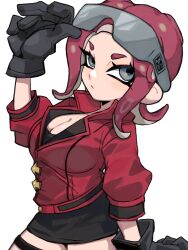 Rule 34 | 1girl, absurdres, black gloves, black skirt, breasts, closed mouth, commentary, glasses, gloves, grey eyes, hand up, highres, ikachan pochan, jacket, large breasts, long sleeves, looking at viewer, miniskirt, nintendo, octoling, octoling girl, octoling player character, red hair, red jacket, simple background, skirt, solo, splatoon (series), suction cups, sunglasses, symbol-only commentary, tentacle hair, white background