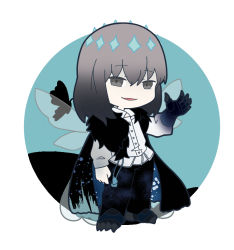Rule 34 | 1boy, black cloak, black pants, blue background, chibi, cloak, collared shirt, dress shirt, fate/grand order, fate (series), full body, fur-trimmed cloak, fur trim, grey eyes, grey hair, hair between eyes, insect wings, male focus, nyaru (nyaru 4126), oberon (fate), oberon (third ascension) (fate), outside border, pants, parted lips, round image, shirt, smile, solo, spoilers, transparent wings, two-tone background, white background, white shirt, wings