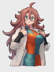 Rule 34 | 1girl, android 21, blue eyes, checkered clothes, checkered dress, dragon ball, dragon ball fighterz, dress, glasses, grey background, hair between eyes, kemachiku, lab coat, long hair, looking at viewer, red hair, simple background, solo