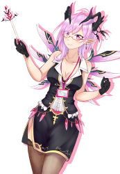 Rule 34 | 1girl, ahoge, bare shoulders, bentoutou, black gloves, black skirt, black thighhighs, breasts, cleavage, collarbone, cowboy shot, demon horns, dutch angle, earrings, eyes visible through hair, gloves, hair over one eye, highres, horn ornament, horns, jewelry, long hair, looking at viewer, medium breasts, name tag, oscurol (shironeko project), pencil skirt, pink hair, pink lips, pointy ears, purple eyes, red-framed eyewear, semi-rimless eyewear, shironeko project, side slit, skirt, sleeveless, slit pupils, smile, swept bangs, teacher, thighhighs, under-rim eyewear, white background, wings