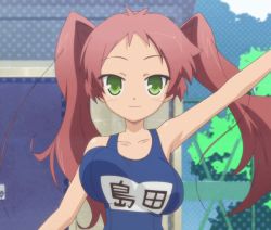 Rule 34 | 1girl, animated, animated gif, baka to test to shoukanjuu, bouncing breasts, breast padding, breasts, green eyes, red hair, school swimsuit, shimada hazuki, stitched, swimsuit, third-party edit, twintails, waving