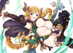 Rule 34 | 10s, 1girl, belly, black thighhighs, blonde hair, braid, breasts, carmelina (granblue fantasy), covered erect nipples, granblue fantasy, highres, hip focus, horns, large breasts, leg lift, long hair, looking at viewer, midair, niko (tama), open mouth, plump, pointy ears, simple background, smile, solo, thighhighs, thighs, twin braids, underboob, very long hair, white background