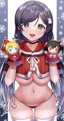 Rule 34 | 1girl, absurdres, aqua eyes, breasts, christmas, hand puppet, highres, kazepana, long hair, looking at viewer, love live!, love live! school idol project, open mouth, puppet, purple hair, santa costume, smile, solo, tojo nozomi, twintails, underboob