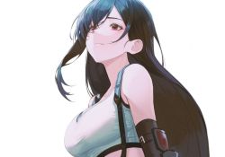 Rule 34 | 1girl, bare shoulders, black hair, breasts, brown eyes, closed mouth, elbow gloves, elbow pads, final fantasy, final fantasy vii, final fantasy vii remake, from below, gloves, large breasts, long hair, low-tied long hair, midriff, pro-p, shirt, skirt, smile, suspender skirt, suspenders, swept bangs, tank top, taut clothes, taut shirt, tifa lockhart, very long hair, white tank top