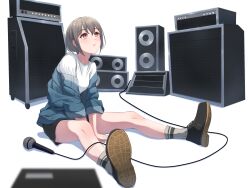 1girl amplifier bang_dream! bang_dream!_it&#039;s_mygo!!!!! black_shoes black_shorts blue_jacket blurry blush breasts brown_eyes cable censored commentary depth_of_field grey_hair grey_socks highres jacket medium_breasts microphone miyamu mosaic_censoring off_shoulder on_ground shoes short_hair shorts simple_background sitting socks solo speaker takamatsu_tomori three-quarter_sleeves white_background white_jacket