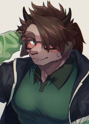 Rule 34 | 1boy, absurdres, animal nose, bara, black-framed eyewear, black horns, blush, braid, brown hair, catoblepas (housamo), furry, furry male, glasses, green jacket, green shirt, hair over one eye, hand up, high ponytail, highres, horns, huge eyebrows, jacket, large pectorals, long hair, long sleeves, madaato (psgw3383), male focus, muscular, muscular male, one eye covered, pectorals, ponytail, shirt, simple background, smile, solo, sweatdrop, tokyo houkago summoners, yellow background
