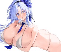 Rule 34 | 1girl, absurdres, alsace (azur lane), alsace (heat beating summer sacrament) (azur lane), ass, azur lane, between breasts, bikini, blue eyes, blue hair, blush, breast strap, breasts, detached collar, flower, food, hair flower, hair ornament, highres, holding, holding food, holding popsicle, huge breasts, long hair, looking at viewer, mindoll, navel, necktie, official alternate costume, popsicle, stomach, sunglasses, swimsuit, very long hair, white bikini