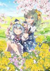 Rule 34 | 2girls, :d, alternate wings, bare legs, barefoot, bloomers, blue bow, blue dress, blue eyes, blue hair, blue ribbon, blurry, blurry foreground, blush, bow, bug, butterfly, butterfly wings, cherry blossoms, cirno, clover, clover (flower), commentary, daiyousei, day, dress, dress shirt, field, flower, flower field, flower necklace, flower request, flower wreath, frilled sleeves, frills, green hair, hair bow, hair flower, hair ornament, half updo, hands on another&#039;s head, head wreath, highres, ice, ice wings, insect, insect wings, jewelry, knees together feet apart, light blue hair, long sleeves, medium hair, mountainous horizon, multiple girls, neck ribbon, necklace, open mouth, outdoors, puffy short sleeves, puffy sleeves, purple flower, putting on headwear, raised eyebrows, red ribbon, ribbon, shirt, short hair, short sleeves, side ponytail, sitting, sky, smile, sparkle, surprised, swept bangs, symbol-only commentary, touhou, toutenkou, transparent wings, underwear, white butterfly, white flower, white shirt, wide-eyed, wing collar, wings, wrist cuffs, yellow bow, yellow flower, yellow neckwear