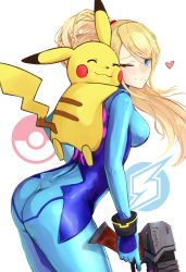 Rule 34 | 1girl, :3, artist name, ass, blonde hair, blue eyes, blush, bodysuit, bracelet, breasts, cheek-to-cheek, closed mouth, creatures (company), game freak, gen 1 pokemon, gun, heads together, heart, highres, impossible bodysuit, impossible clothes, ippers, jewelry, long hair, looking back, medium breasts, metroid, mole, mole under mouth, nintendo, one eye closed, pikachu, poke ball, pokemon, pokemon (creature), ponytail, samus aran, simple background, smile, super smash bros., very long hair, weapon, white background, zero suit