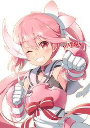 Rule 34 | 10s, 1girl, blush, clenched hands, commentary request, english text, gloves, grin, head tilt, highres, long hair, looking at viewer, magical girl, michairu, one eye closed, outline, outstretched arm, pink eyes, pink hair, side ponytail, simple background, smile, solo, very long hair, white background, white gloves, yuuki yuuna, yuuki yuuna wa yuusha de aru, yuusha de aru