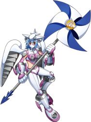 Rule 34 | 1girl, aircraft, airplane, armor, bandai, blue hair, boots, breasts, digimon, digimon new century, elbow gloves, full armor, full body, gauntlets, gloves, halterneck, helmet, holding, holding weapon, jetsilphymon, looking at viewer, mask, mechanical wings, mouth mask, official art, pasties, pinwheel, red eyes, short hair, shoulder pads, solo, staff, thrusters, turbine, weapon, wings, zipper