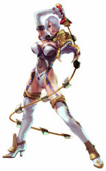 Rule 34 | 1girl, arm up, armlet, armor, ass, asymmetrical clothes, blue eyes, boots, breasts, claw (weapon), claws, cleavage, cleavage cutout, clothing cutout, covered erect nipples, covered navel, deep cleavage, embroidery, fighting stance, foreshortening, full lips, garter straps, gauntlets, gloves, gluteal fold, greaves, groin, hair over one eye, high heel boots, high heels, highleg, highleg leotard, highres, hip focus, holding, holding weapon, isabella valentine, kawano takuji, large breasts, legs apart, leotard, lips, lipstick, living weapon, looking at viewer, makeup, namco, official art, outstretched arm, pantyhose, parted lips, pauldrons, runes, sabaton, short hair, shoulder armor, simple background, single gauntlet, skindentation, snake, snakeskin print, solo, soul calibur, soulcalibur, soulcalibur iii, standing, sword, thigh boots, thigh strap, thighhighs, thighlet, toned, toned female, transforming weapon, turtleneck, weapon, whip, whip sword, white background, white footwear, white gloves, white hair, white thighhighs