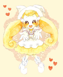Rule 34 | 1girl, :d, ankle boots, blonde hair, blush, boots, dress, full body, gloves, heart, looking at viewer, makihatayama hana, momiji (lucario), ojamajo doremi, open mouth, outstretched arms, pom pom (clothes), puffy short sleeves, puffy sleeves, round teeth, short sleeves, simple background, smile, standing, teeth, white dress, white gloves, yellow background, yellow eyes