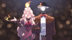Rule 34 | 1boy, 1girl, arm behind back, bow, bowtie, candlelight, dress, gradient background, highres, john su, lamppost, locked arms, original, personification, umbrella