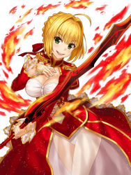 Rule 34 | &gt;:d, 10s, 1girl, :d, aestus estus, ahoge, blonde hair, blush, braid, breasts, cleavage, dress, epaulettes, fate/extra, fate (series), fire, green eyes, hair intakes, hair ribbon, hand on own chest, holding, holding sword, holding weapon, leotard, leotard under clothes, looking at viewer, medium breasts, nero claudius (fate), nero claudius (fate) (all), nero claudius (fate/extra), npcpepper, open mouth, red dress, ribbon, see-through, simple background, smile, solo, sword, v-shaped eyebrows, weapon, white background