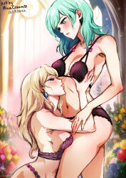 Rule 34 | 2girls, artist name, blonde hair, blush, bow, breasts, byleth (female) (fire emblem), byleth (fire emblem), church, cleavage, dated, enlightened byleth (female), fire emblem, fire emblem: three houses, flower, green eyes, kneeling, large breasts, lingerie, mercedes von martritz, mina cream, multiple girls, nintendo, pink bow, signature, squinting, underwear, yuri