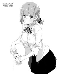 Rule 34 | 1girl, blush, bow, bowtie, breasts, breasts out, closed mouth, collared shirt, cowboy shot, dated, greyscale, hair ornament, hair scrunchie, holding, large breasts, looking at viewer, low twintails, monochrome, nipples, open clothes, open shirt, original, school uniform, scrunchie, shirt, signature, simple background, skirt, solo, tabata hisayuki, twintails, wet, white background, wing collar