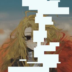 1girl ahoge black_coat black_eyes blonde_hair cape coat don_quixote_(project_moon) glitch gold_trim highres jacket la_manchaland_(identity)_(project_moon) lapels limbus_company long_hair long_sleeves looking_at_viewer meijiichigo notched_lapels open_mouth parted_bangs project_moon red_cape red_eyes sancho_(project_moon) sidelocks split_image uwagaki_(vocaloid) very_long_hair white_jacket