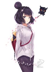 Rule 34 | 1girl, absurdres, animal, bag, black pants, black shirt, blush, calligraphy brush, collarbone, commentary request, dated, fate/grand order, fate (series), hair ornament, heroic spirit traveling outfit, highres, holding, holding paintbrush, hood, hood down, hooded jacket, jacket, katsushika hokusai (fate), katsushika hokusai (traveling outfit) (fate), long sleeves, looking at viewer, octopus, official alternate costume, paintbrush, pants, parted lips, pixiv id, purple eyes, purple hair, shirt, shoulder bag, signature, solo, teratsuki, white jacket