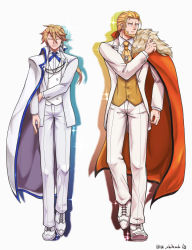 Rule 34 | 2boys, alternate costume, alternate hairstyle, arc system works, artist request, blonde hair, blue eyes, cape, closed eyes, facial hair, formal, guilty gear, guilty gear xrd, ky kiske, leo whitefang, long hair, low ponytail, multiple boys, ponytail, ribbon, shadow, smile, suit, tuxedo
