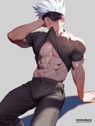 Rule 34 | 1boy, abs, arm behind head, artist name, bara, bare pectorals, black blindfold, blindfold, blue eyes, blush, bulge, clothes in mouth, clothes lift, commentary, english commentary, feet out of frame, gojou satoru, grey pants, grey shirt, groin, highres, jujutsu kaisen, lifted by self, looking at viewer, male focus, muscular, muscular male, navel, nipple slip, nipples, otokobara, paid reward available, pants, pectorals, shirt, shirt lift, sideburns, solo, white hair