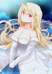 Rule 34 | 1girl, antenna hair, archetype earth, arcueid brunestud, artist request, bare shoulders, blonde hair, breasts, cleavage, collarbone, dress, expressionless, highres, large breasts, long hair, long sleeves, looking at viewer, melty blood, red eyes, tsukihime, type-moon, very long hair, white dress