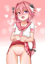 Rule 34 | 1girl, absurdres, astolfo (fate), blush, bow, braid, cleft of venus, clothes lift, collarbone, cowboy shot, fang, fate/apocrypha, fate (series), genderswap, genderswap (mtf), hair between eyes, hair bow, heart, heart in eye, highres, lifting own clothes, long hair, looking at viewer, multicolored hair, navel, no panties, note2000, open mouth, pink eyes, pink hair, pink skirt, pleated skirt, pussy, school uniform, serafuku, shirt, single braid, skirt, skirt lift, solo, standing, streaked hair, symbol in eye, uncensored, white hair, white shirt