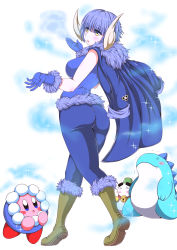 Rule 34 | 1girl, 2boys, absurdres, artist request, ass, blue eyes, blue hair, blush, boots, breasts, chilly (kirby), coat, from behind, fur trim, gloves, highres, hood, ice dragon (kirby), kirby, kirby (series), large breasts, looking at viewer, looking back, multiple boys, nintendo, open mouth, pants, shirt, short hair, sideboob, snowman