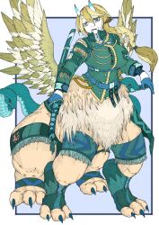 Rule 34 | 1girl, absurdres, aiguillette, animal ears, belt, blonde hair, blue background, blue belt, blue eyes, blue gloves, braid, braided ponytail, breast pocket, breasts, brown fur, centauroid, chimera, claws, collared jacket, collared shirt, colored eyelashes, colored skin, epaulettes, feathered wings, fringe trim, full body, gloves, green jacket, hair between eyes, high collar, highres, hkdd99, holding, holding sword, holding weapon, horns, jacket, katana, large breasts, limited palette, long hair, long sleeves, looking at viewer, military, military uniform, original, pocket, sharp teeth, sheath, sheathed, shirt, simple background, skin-covered horns, snake head tail, snake tail, solo, standing, stitched mouth, stitches, sword, tail, taur, teeth, toeless footwear, uniform, weapon, white horns, white skin, wings, yellow wings