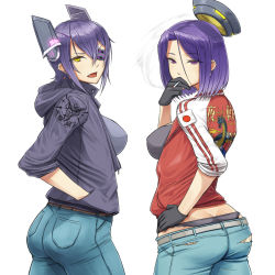 Rule 34 | 10s, 2girls, ass, bad id, bad pixiv id, breasts, butt crack, casual, cigarette, clothes writing, denim, eyepatch, fang, gloves, halo, headgear, highres, jeans, kantai collection, looking back, mechanical halo, mob3, multiple girls, panties, pants, purple eyes, purple hair, short hair, smoking, tatsuta (kancolle), tenryuu (kancolle), torn clothes, underwear, whale tail (clothing)