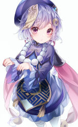 Rule 34 | 1girl, absurdres, bead necklace, beads, braid, cape, chinese clothes, coin hair ornament, commentary request, genshin impact, hair between eyes, hair ornament, halo, hat, highres, jewelry, jiangshi, long hair, long sleeves, looking at viewer, low ponytail, nagul, necklace, ofuda, ofuda on head, orb, outstretched arms, pantyhose, purple eyes, purple hair, qingdai guanmao, qiqi (genshin impact), sidelocks, simple background, single braid, solo, vision (genshin impact), white background, white pantyhose, wide sleeves, yin yang, yin yang orb, zombie pose