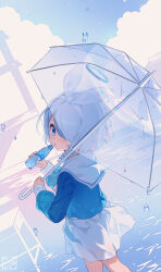 Rule 34 | 1girl, absurdres, arona (blue archive), blue archive, blue eyes, blue hair, blue shirt, blue sky, blush, bottle, cloud, commentary, hair over one eye, hairband, halo, hand up, highres, holding, holding bottle, holding umbrella, light blue hair, long sleeves, looking back, majiang, parted lips, ramune, sailor collar, shirt, short hair, skirt, sky, solo, symbol-only commentary, transparent, transparent umbrella, umbrella, walking, water, water drop, white sailor collar, white skirt