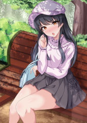 Rule 34 | 1girl, bag, bench, black hair, blush, brown eyes, bush, cabbie hat, collar, commentary request, dappled sunlight, day, frilled collar, frills, frown, grey skirt, handbag, hat, head tilt, highres, idolmaster, idolmaster shiny colors, long hair, long sleeves, looking at viewer, mayuzumi fuyuko, miniskirt, naba (take tonbo), open mouth, outdoors, park bench, partial commentary, pleated skirt, shirt, sitting, skirt, solo, sunlight, thighs, tree, two side up, white hat, white shirt