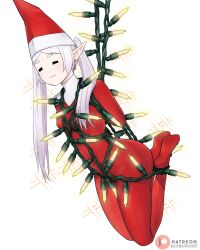 1girl :3 =_= absurdres bodysuit bound breasts christmas_lights dismaiden earrings elf frieren grey_hair hat highres jewelry long_hair patreon_logo patreon_username pointy_ears red_bodysuit red_hat simple_background small_breasts solo sousou_no_frieren tied_up_(nonsexual) twintails white_background