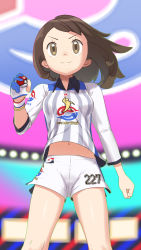 Rule 34 | 1girl, brown eyes, brown hair, closed mouth, collared shirt, commentary, creatures (company), dai (uhyoko1102151), eyelashes, from below, game freak, gloria (pokemon), gloves, gym challenge uniform, hand up, highres, holding, holding poke ball, knees, midriff, navel, nintendo, partially fingerless gloves, poke ball, poke ball (basic), pokemon, pokemon swsh, shiny skin, shirt, shorts, single glove, smile, solo, stadium, white shorts