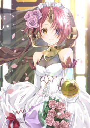 Rule 34 | 1girl, blue eyes, blush, bouquet, breasts, cleavage, commentary request, dress, elbow gloves, fate/grand order, fate (series), flower, frankenstein&#039;s monster (fate), gloves, hair flower, hair ornament, hair over one eye, headgear, heterochromia, highres, horns, iroha (shiki), light blush, looking at viewer, medium breasts, orb, petals, pink flower, pink hair, pink rose, rose, see-through, see-through cleavage, short hair, single horn, smile, solo, veil, wedding dress, white dress, white gloves, yellow eyes