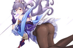 Rule 34 | 1girl, ass, bare shoulders, black pantyhose, braid, cone hair bun, dress, from behind, genshin impact, gloves, hair bun, hair ornament, hairpin, highres, holding, holding sword, holding weapon, keqing (genshin impact), long hair, looking at viewer, pantyhose, purple dress, purple eyes, purple hair, shiny clothes, short dress, simple background, skirt, solo, somray, sword, twintails, very long hair, weapon, white background
