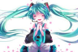 Rule 34 | 1girl, aqua hair, bad id, bad pixiv id, closed eyes, detached sleeves, efu, female focus, hatsune miku, headset, long hair, necktie, own hands clasped, own hands together, simple background, solo, twintails, very long hair, vocaloid, white background